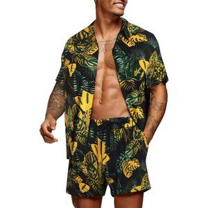 Men Hawaiian Matching Set Summer Beach Outfits Flower Shirts and Shorts